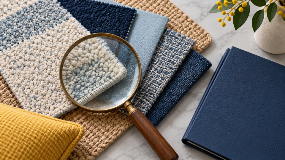 A magnifying glass over layered carpet and upholstery samples beside a plain navy book.