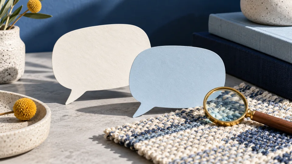 Two blank paper speech bubbles and a magnifying glass beside a woven fabric sample.