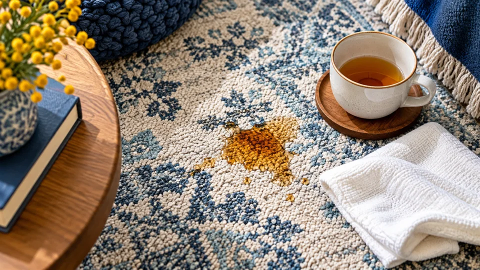 An amber tea spill on a blue-and-ivory rug, with a cup on a coaster and a folded white cloth nearby.