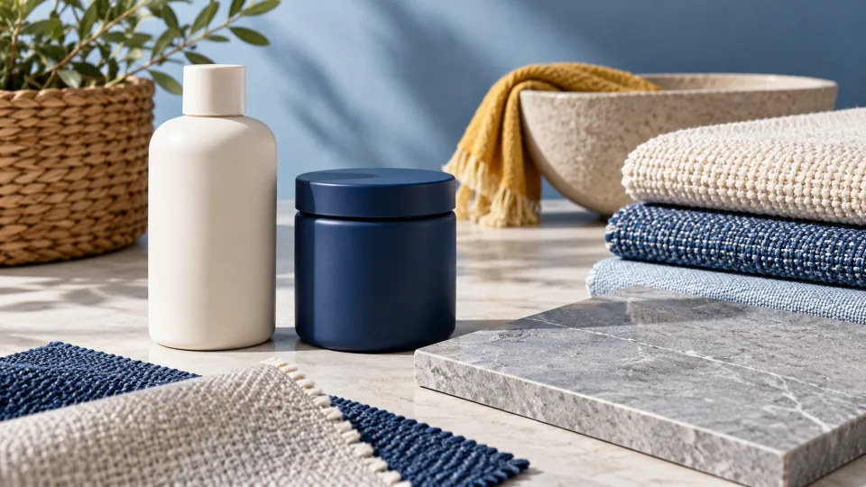 A closed white bottle and navy jar beside a stone tile and blue-and-ivory fabric samples.